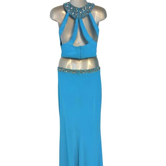 Ieena For Mac Duggal Ocean Blue Rhinestone Bordered Two Piece Gown - Picture 3 of 4